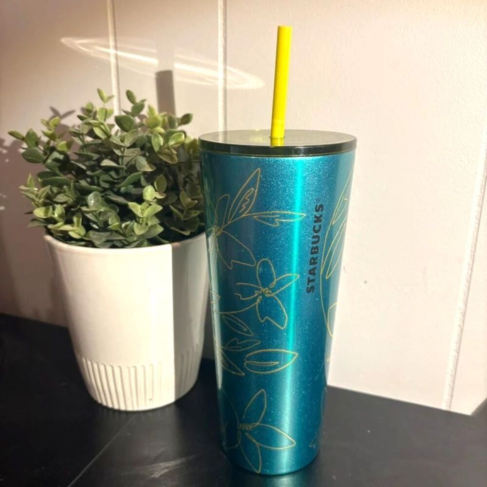 Starbucks 2022 Spring Teal Floral Stainless Steel Venti 24oz Tumbler Cup
